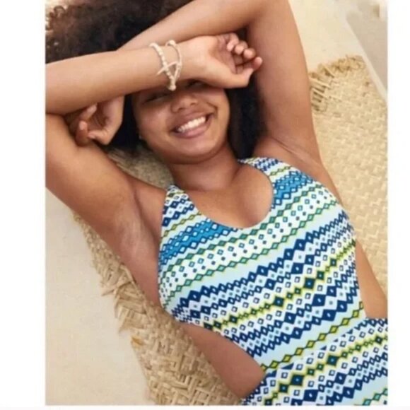 AERIE One Piece Swimsuit Cut Out Geometric Print Halter - Picture 1 of 8